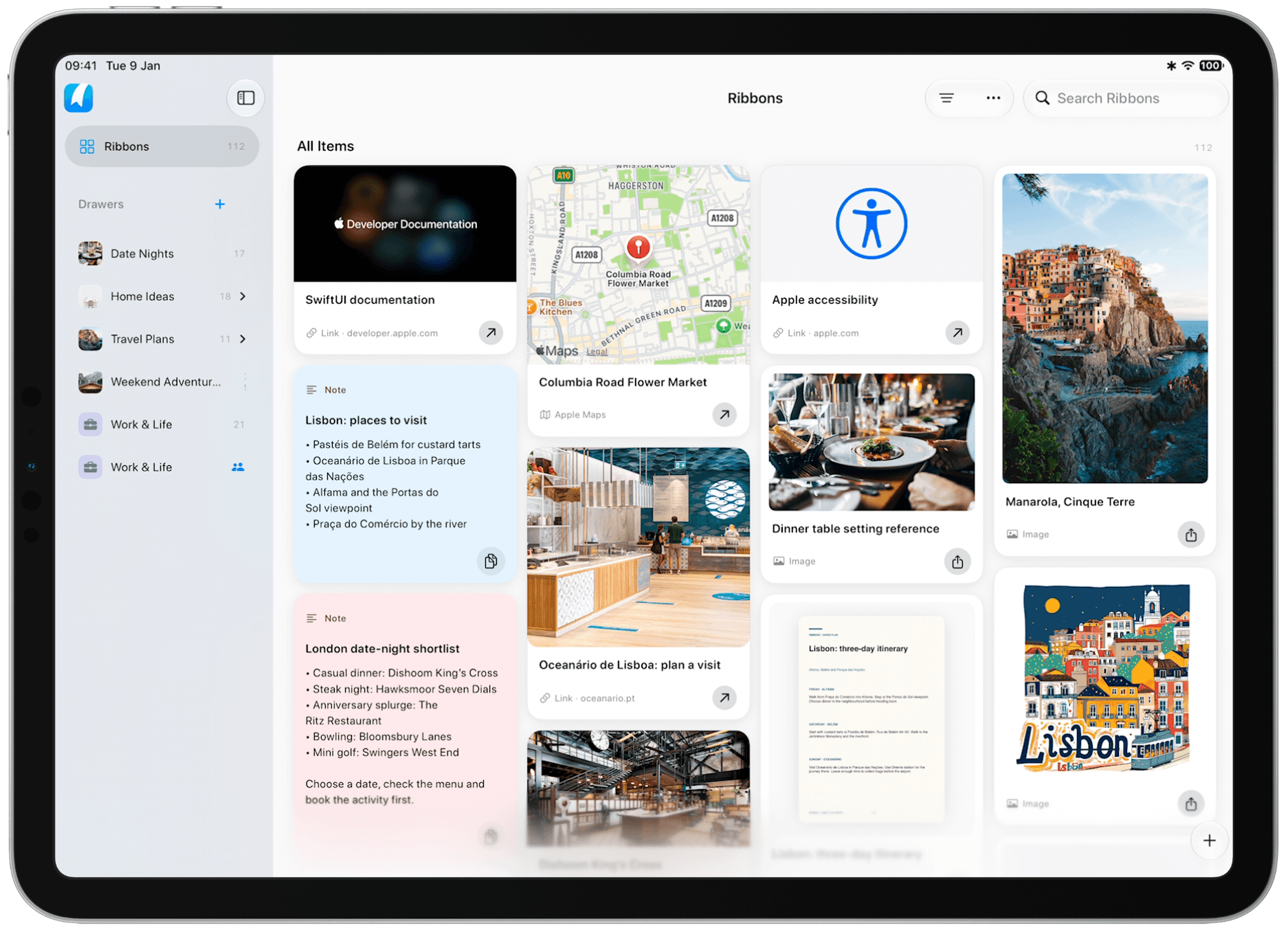 Ribbons on iPad showing saved links, images, notes, a map location, and a PDF together in the library